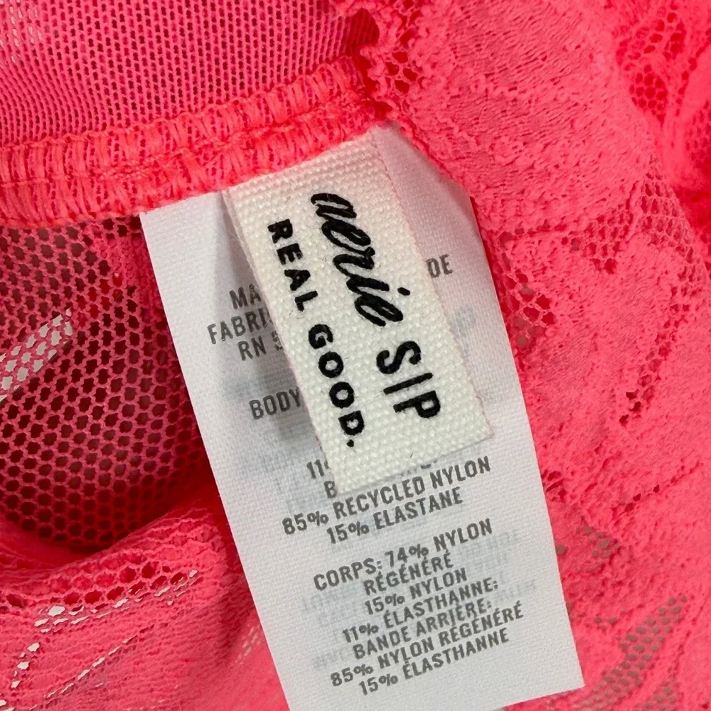 Aerie Real Good Lace Bralette Neon‎ Pink Floral V-Neck Mesh Longline Small